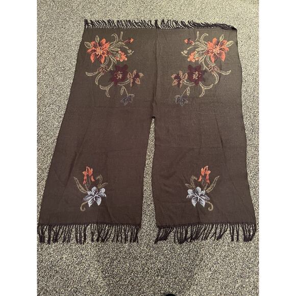 Poncho Shawl Womens Brown Floral Fringe Hem Open Front Wrap Super Soft - Picture 1 of 9